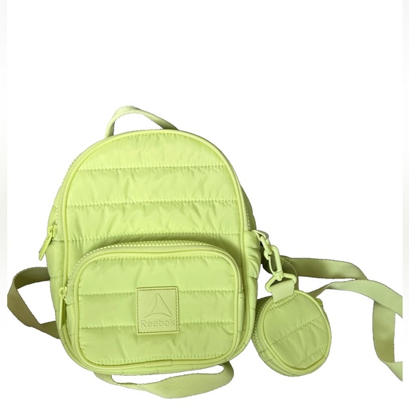 Reebok Poppy Quilted Neon Green Mini Backpack & Zip Coin Purse Key Fob - Picture 1 of 14
